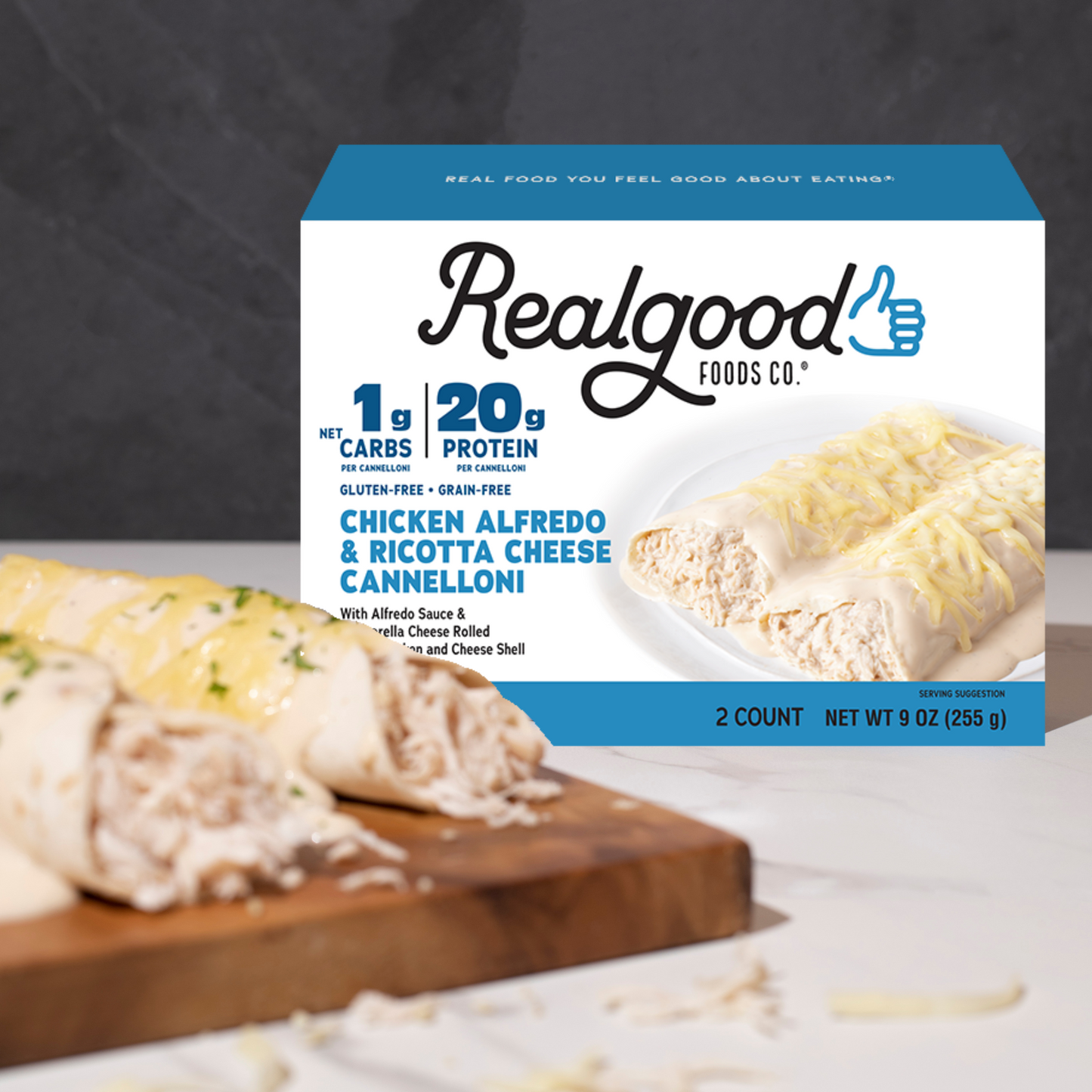 Real Good Foods Chicken Alfredo and Ricotta Cheese Cannelloni Lifestyle Image