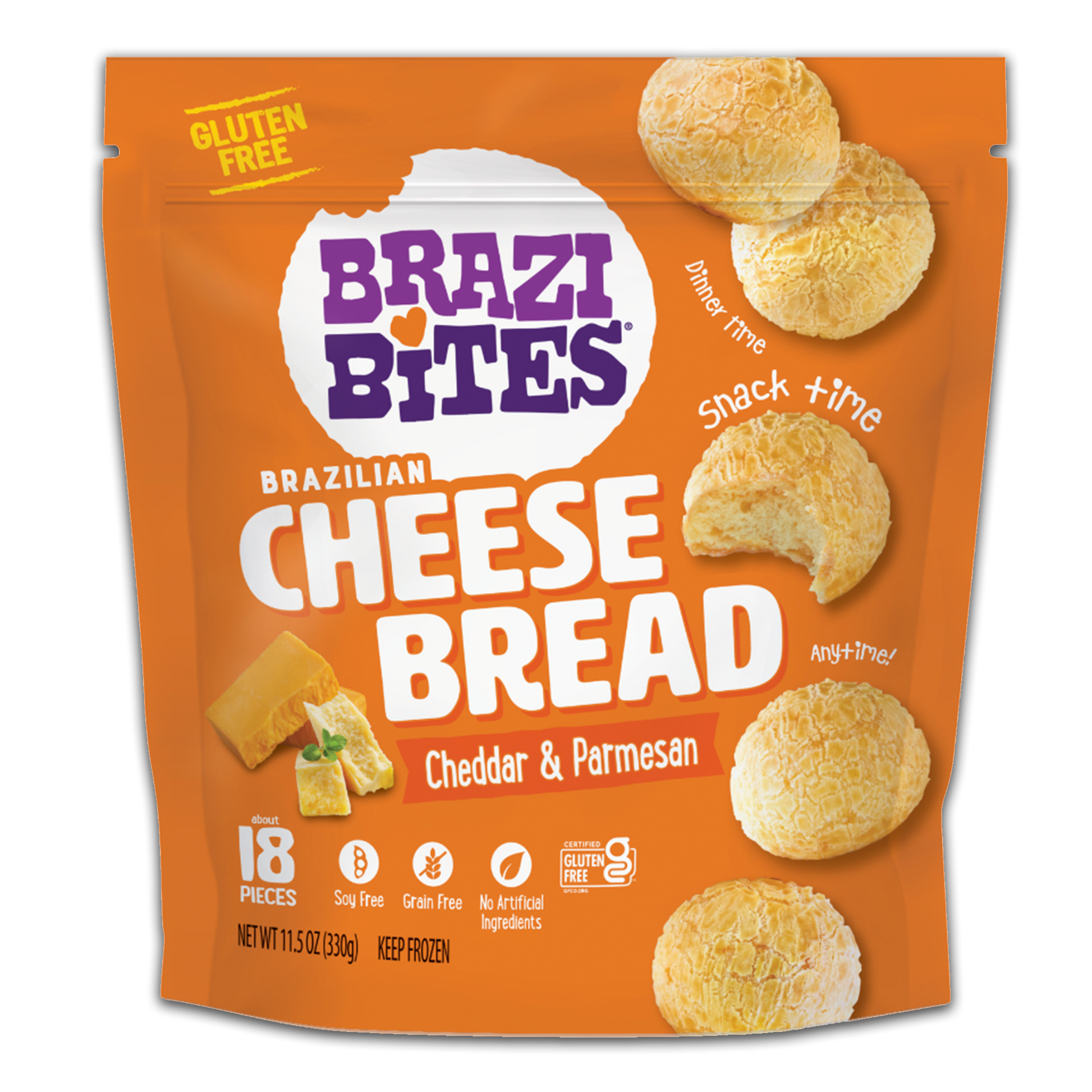 Brazi Bites Cheddar & Parmesan Brazilian Cheese Bread Packaging