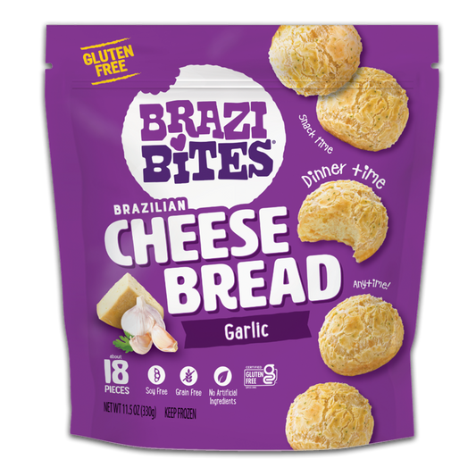 Brazi Bites Garlic Asiago Brazilian Cheese Bread- front of packaging