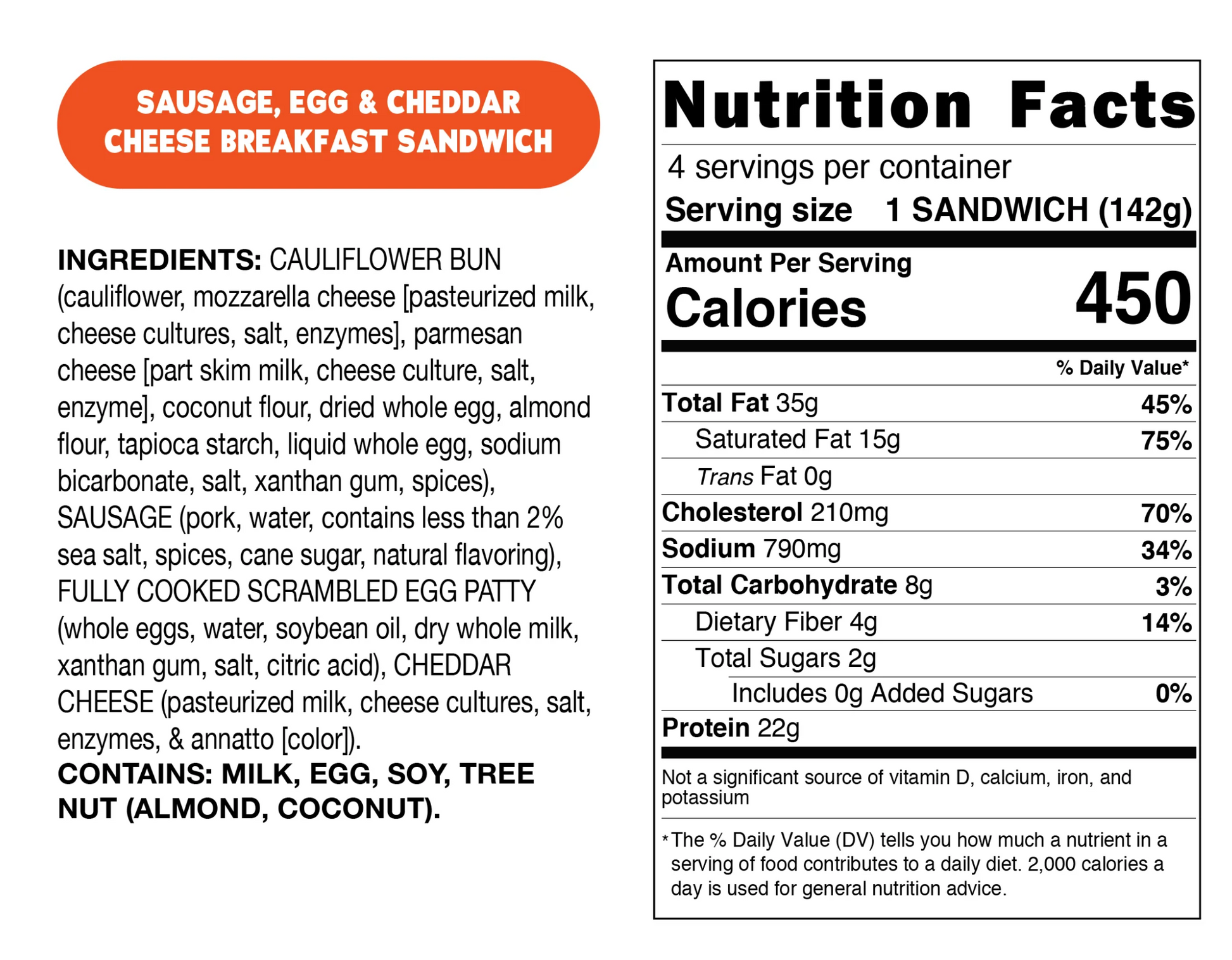 Real Good Foods Breakfast Sandwich Sausage, Egg & Cheese (4 count) Nutrition Facts