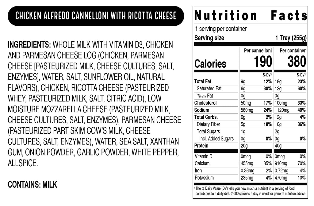 Real Good Foods Chicken Alfredo and Ricotta Cheese Cannelloni Nutrition Facts